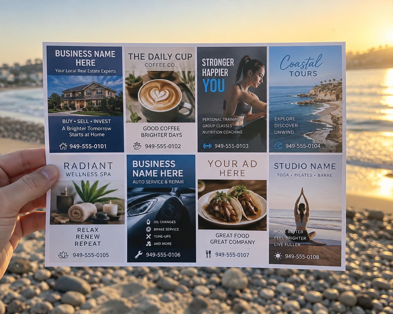Hand holding a shared 9x12 postcard featuring multiple Orange County business ads